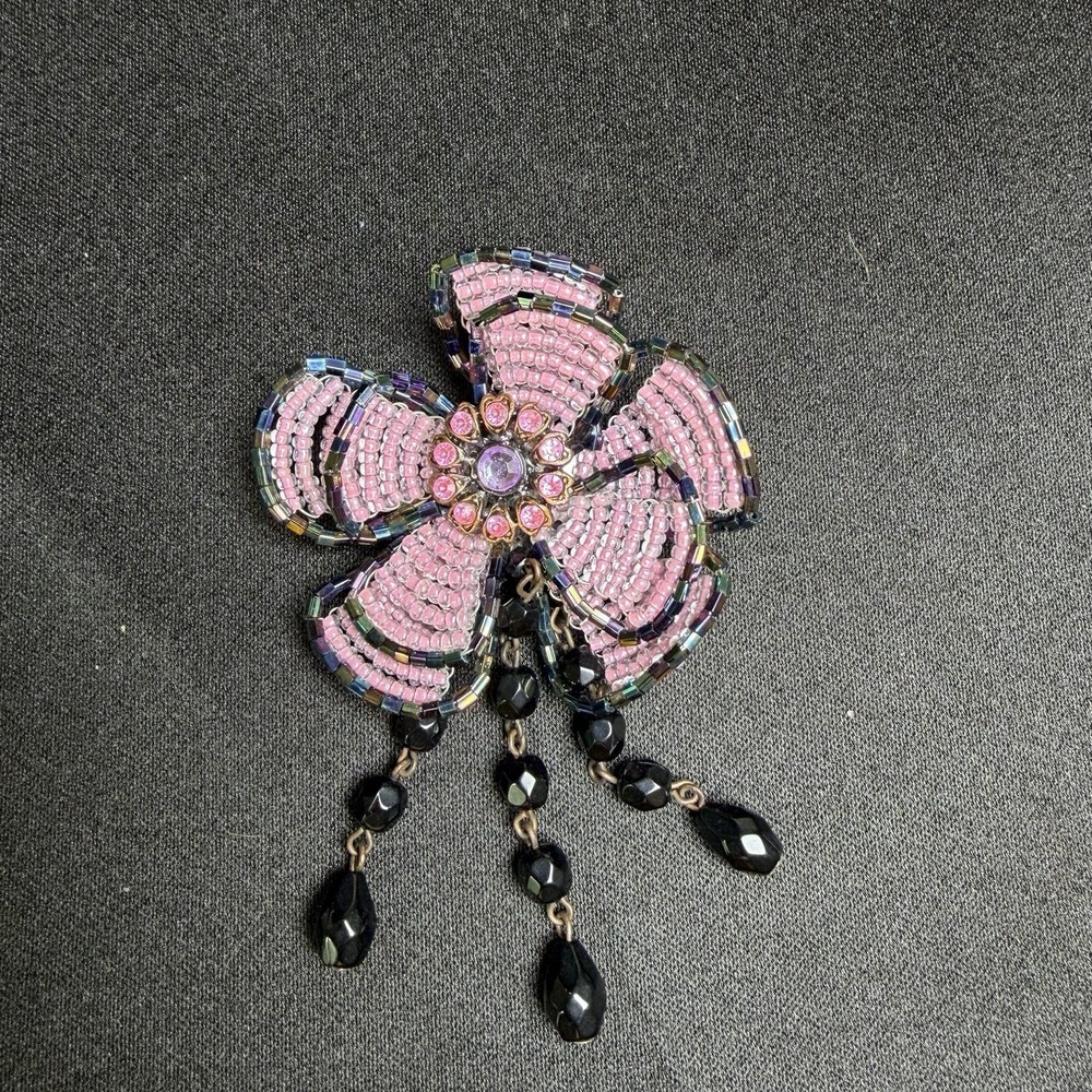 Vintage Pink Beaded Flower Brooch Pin Rhinestones